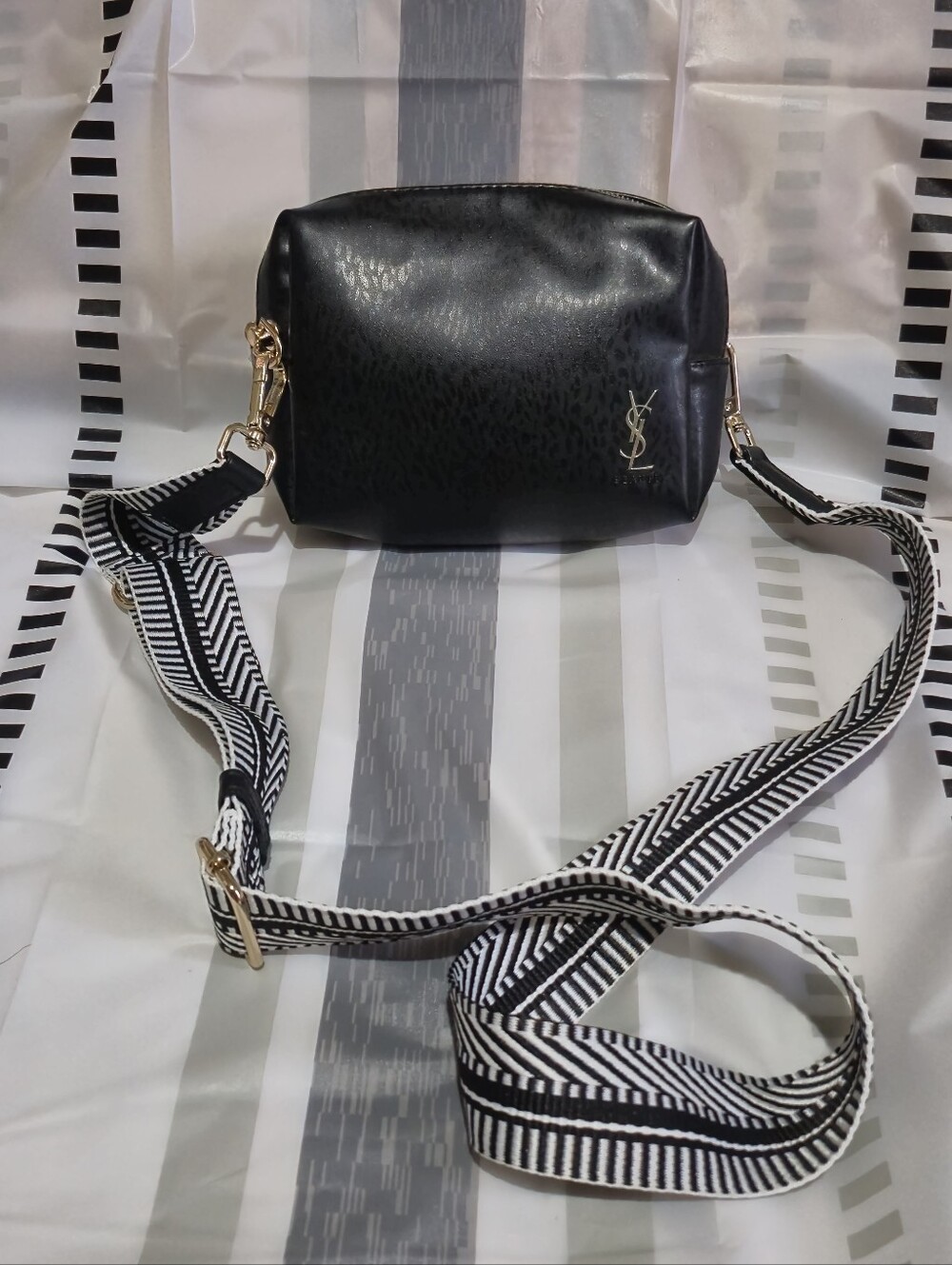 Yves Saint Laurent Black  Cosmetic Pouch with Patterned Strap